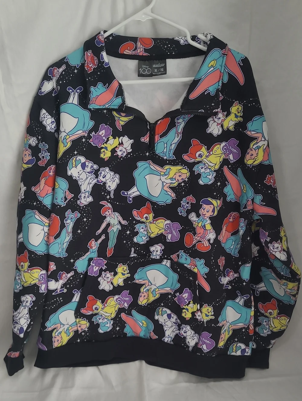 Disney 100 Women's ¼ Zip Pullover Sweater in Black with Alice, Peter Pan, & More